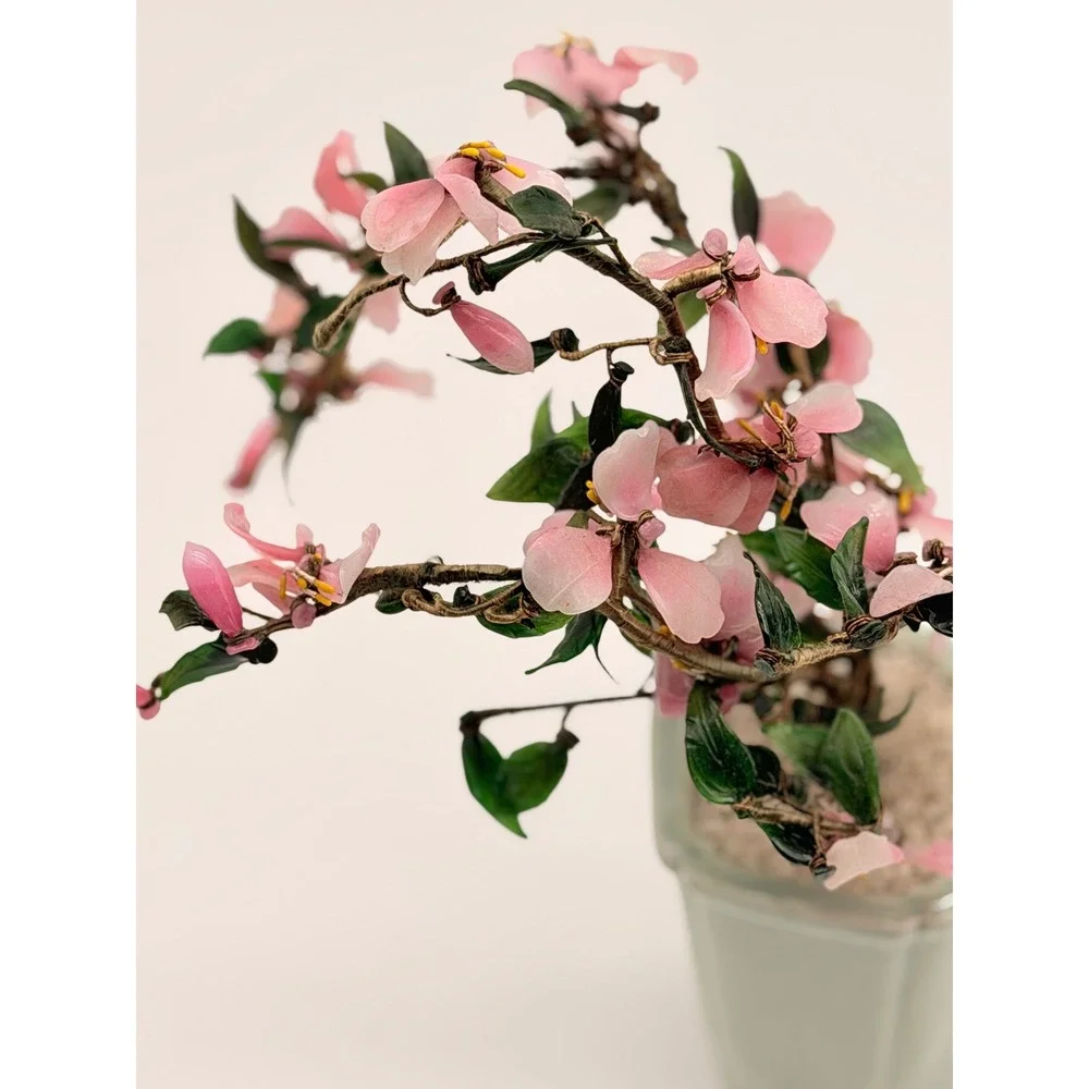 Vintage Glass Cherry Blossom Bonsai Tree Celadon Ceramic Pot Pink Green Asian